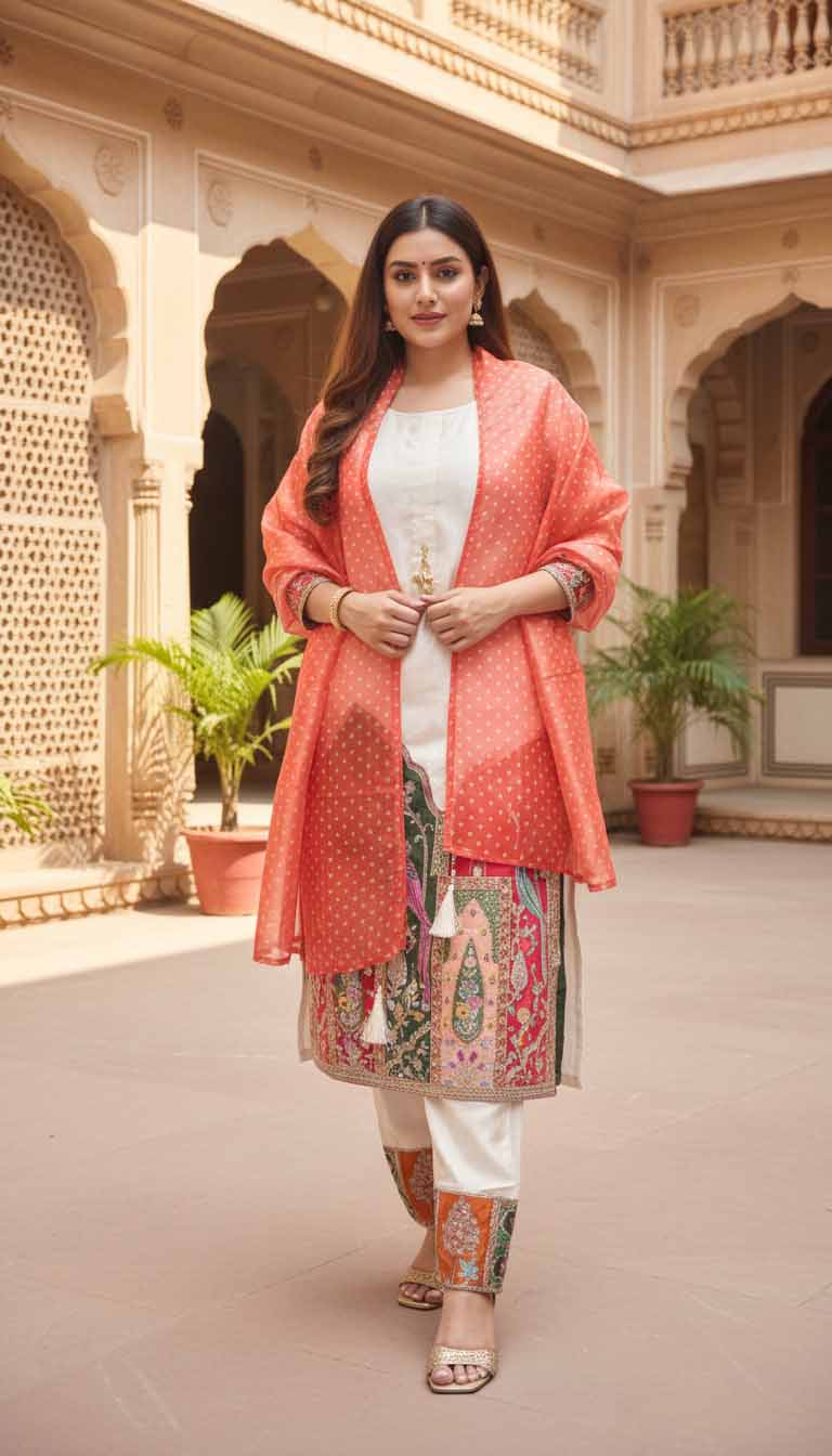 Ivory Heritage Embroidered Suit with Coral Bandhej Dupatta