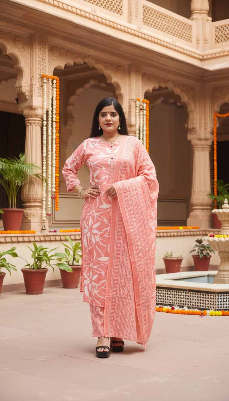 Aarvi Peach Handblock Cotton Suit Set