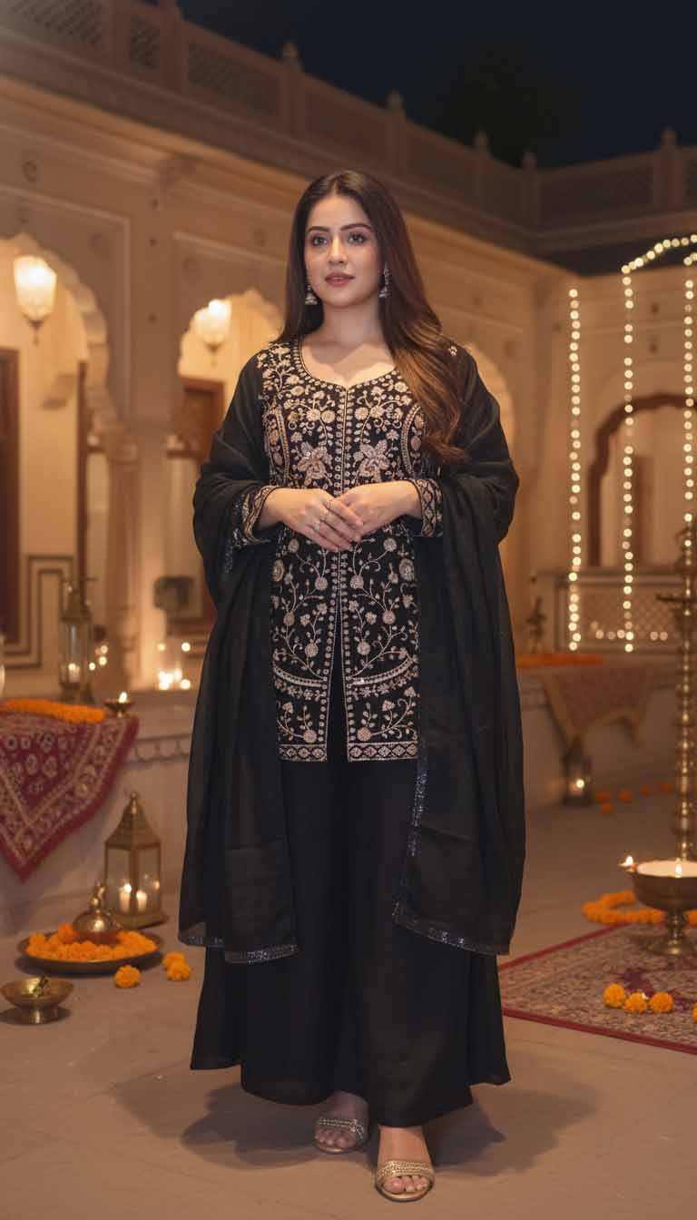 Noore Black Luxe Embroidered Sharara Set