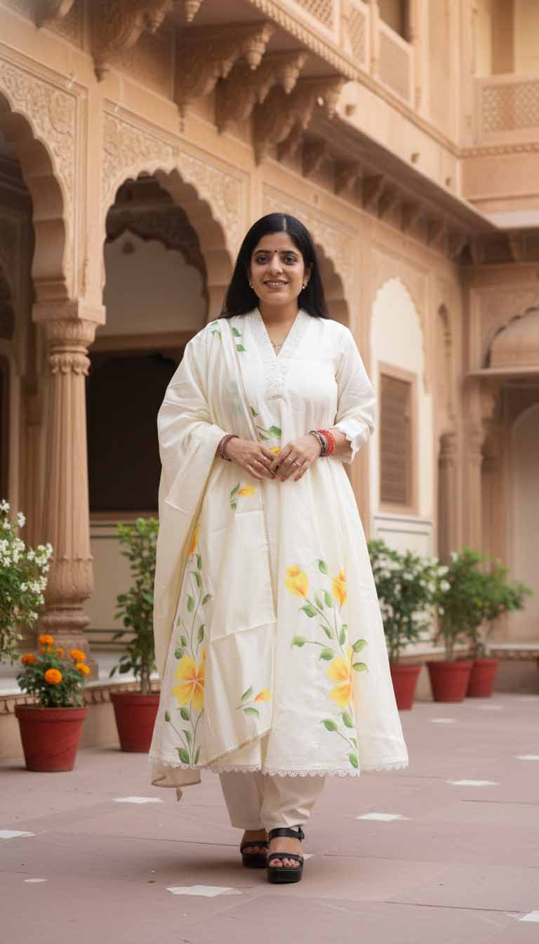 Aaravi Ivory Hand Painted A Line Anarkali Suit